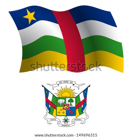 central african republic wavy flag and coat of arms against white background, vector art illustration, image contains transparency