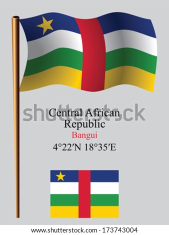 central african republic wavy flag and coordinates against gray background, vector art illustration, image contains transparency