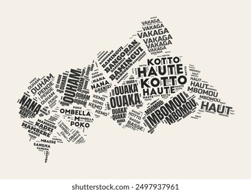 Central African Republic Word Cloud. Country with regions division. Central African Republic typographic text clouds vector image design. Vintage gazette style country shape image.