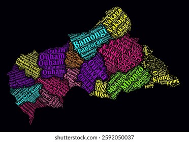 Central African Republic Word Cloud. Region names of the country in French language. Bright neon style design on dark background. Central African Republic shape with administrative division.