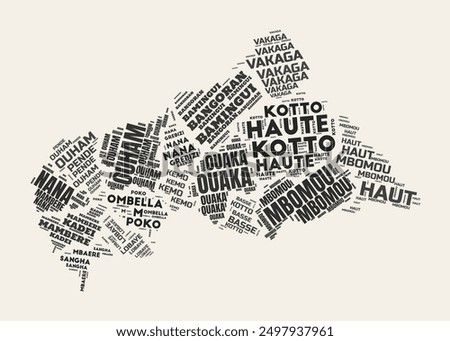 Central African Republic Word Cloud. Country with regions division. Central African Republic typographic text clouds vector image design. Vintage gazette style country shape image.