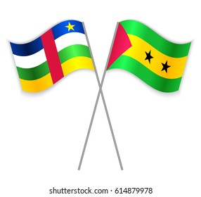 Central African and Sao Tomean crossed flags. Central African Republic combined with Sao Tome and Principe isolated on white. Language learning, international business or travel concept.