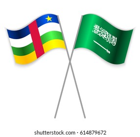 Central African and Saudi Arabian crossed flags. Central African Republic combined with Saudi Arabia isolated on white. Language learning, international business or travel concept.