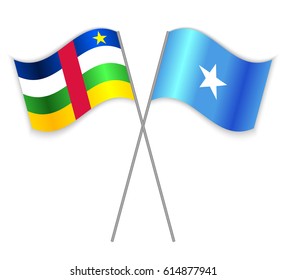 Central African and Somali crossed flags. Central African Republic combined with Somalia isolated on white. Language learning, international business or travel concept.