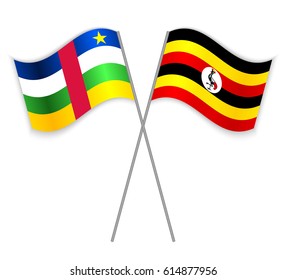 Central African and Ugandan crossed flags. Central African Republic combined with Uganda isolated on white. Language learning, international business or travel concept.
