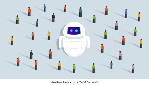A central AI chatbot surrounded by a diverse crowd of people, illustrating the widespread interaction and integration of AI technology within a population.