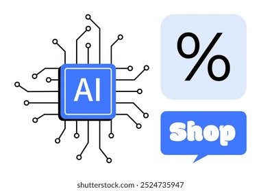 Chip de IA central con circuitos. Cerca se encuentran la burbuja azul con letras en negrita de la tienda y la burbuja azul claro con el símbolo de porcentaje. Ideal para tecnología, inteligencia artificial, compras, descuentos