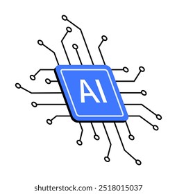 Chip de IA central com circuitos que se estendem para fora. Ideal para IA, tecnologia, dispositivos eletrônicos, inovação e temas de transformação digital. Design simples e claro usando cores azuis e pretas, vetor