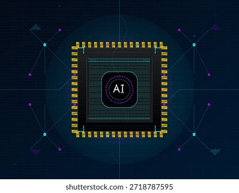 Un chip de IA central se muestra en una placa de circuito digital. Está conectado a varios puntos que indican el flujo de datos y las interacciones en un entorno de tecnología.