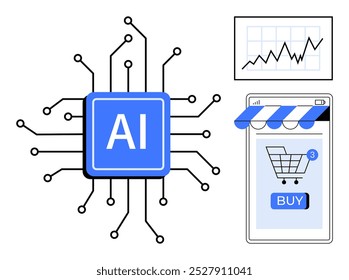 Um chip de IA central rodeado por circuitos, um gráfico que mostra o crescimento e uma interface de compras on-line. Ideal para tecnologia, comércio eletrônico, IA no varejo, marketing digital e crescimento empresarial. Moderno