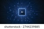 Central AI processor chip with glowing circuit board connections on blue motherboard background. Artificial intelligence technology concept. vector eps10