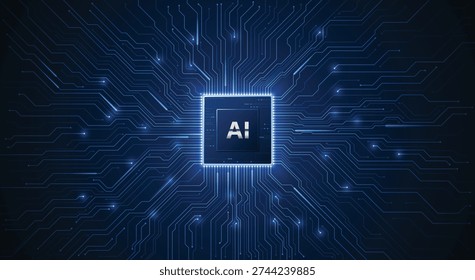 Central AI processor chip with glowing circuit board connections on blue motherboard background. Artificial intelligence technology concept. vector eps10