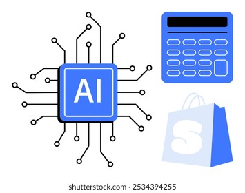 O processador de IA central conectado por circuitos com uma calculadora e uma sacola de compras significa o papel das tecnologias em finanças e comércio eletrônico. Ideal para tecnologia, IA, finanças, comércio eletrônico e inovação