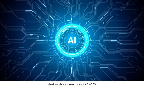 Central AI symbol within luminous HUD graphic, surrounded by digital circuit lines and abstract technology pattern. Futuristic vector background for tech branding, innovation, data, automation.