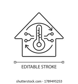 Icono lineal del aire acondicionado central. Gran sistema de ventilación doméstica de línea delgada, ilustración personalizable. Símbolo de contorno. Refrigeración y calefacción en casa. Dibujo de contorno aislado del vector. Trazo editable
