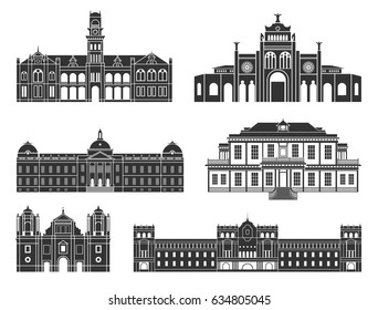 Central America. Architecture. Isolated American buildings on white background