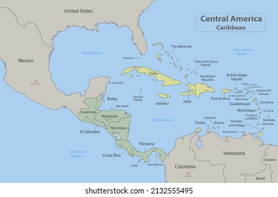 Central America and Caribbean islands map classic color, individual states and city whit names vector