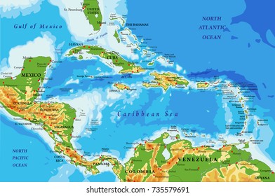 Central America And Caribbean Islands Relief Map