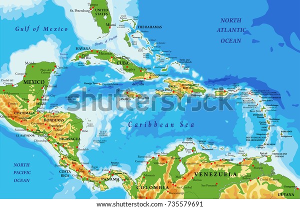 Central America Caribbean Islands Relief Map Stock Vector Royalty
