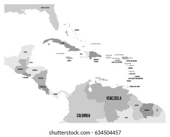 Central America And Carribean States Political Map In Four Shades Of Grey With Black Country Names Labels. Simple Flat Vector Illustration.