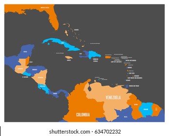 Central America and Carribean states political map with country names labels. Simple flat vector illustration.