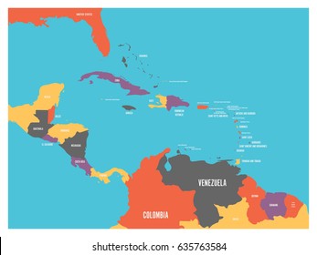 Central America And Carribean States Political Map With Country Names Labels. Simple Flat Vector Illustration.