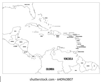 Central America And Carribean States Political Map. Black Outline Borders With Black Country Names Labels. Simple Flat Vector Illustration.