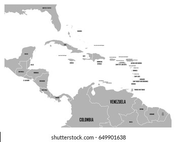 Central America and Carribean states political map in grey with black country names labels. Simple flat vector illustration.