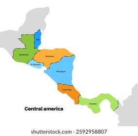 Central America countries map. Poster with Guatemala, Belize, El Salvador and Honduras on the south and Nicaragua, Costa Rica and Panama on the north, flat vector illustration