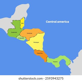 Central America countries map. Poster with Guatemala, Belize, El Salvador and Honduras on the south and Nicaragua, Costa Rica and Panama on the north, flat vector illustration