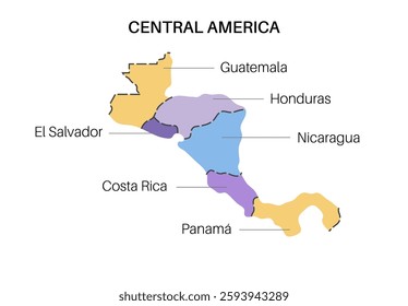 Central America countries map. Poster with Guatemala, Belize, El Salvador and Honduras on the south and Nicaragua, Costa Rica and Panama on the north, flat vector illustration