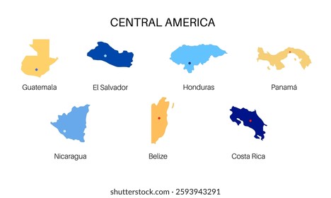 Central America countries map. Poster with Guatemala, Belize, El Salvador and Honduras on the south and Nicaragua, Costa Rica and Panama on the north, flat vector illustration