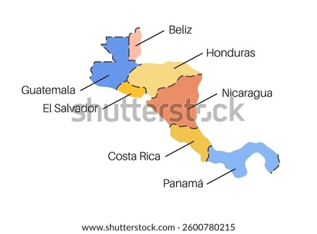 Central America countries map. Poster with Guatemala, Belize, El Salvador and Honduras on the south and Nicaragua, Costa Rica and Panama on the north, flat vector illustration