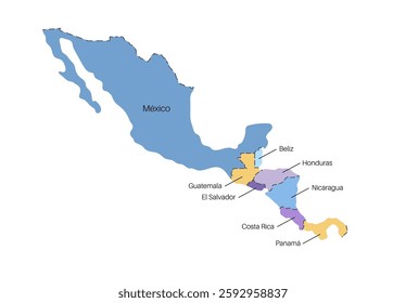 Central America countries and Mexico. Poster with Guatemala, Belize, El Salvador and Honduras on the south and Nicaragua, Costa Rica and Panama on the north, flat vector illustration