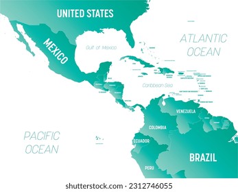 Central America - high detailed political map Central American and Caribbean region with country, ocean and sea names labeling.