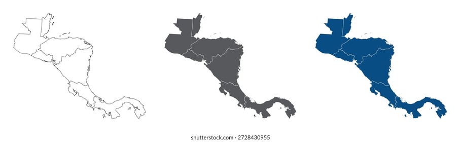 Central America Line Map Set with White Blue and Grey Color Variations. Central America country Map in plain set.  
