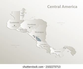 Central America map with capitals of states, card paper 3D natural