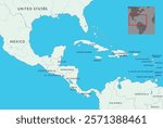 Central America map highlighting countries, borders, and geographical features of the region