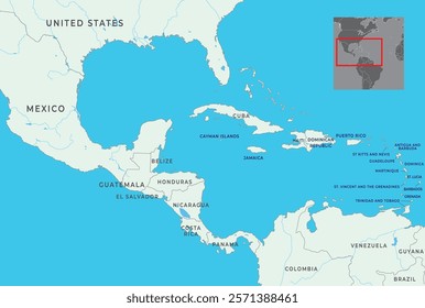 Central America map highlighting countries, borders, and geographical features of the region