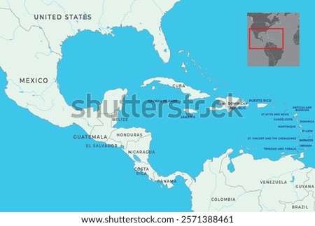 Central America map highlighting countries, borders, and geographical features of the region