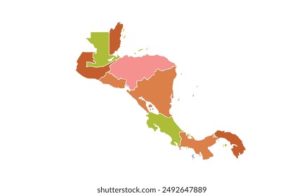 central america map with individual colors,isolated on white background for website layouts,background,education, precise,customizable,Travel worldwide,map silhouette backdrop,earth geography.