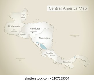 Central America map, individual states with names, old paper background vector