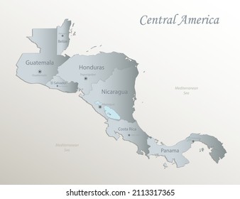 Central America map, individual states with names, white blue card paper 3D vector