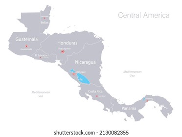 Central America map, individual states and capital city with names vector