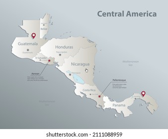 Central America map, separates states with names, blue white card paper 3D vector