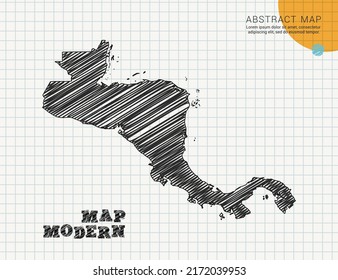 Central America map of vector black silhouette chaotic hand drawn scribble sketch on grid paper used for notes or decoration.