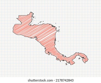 Central America map of vector color silhouette chaotic hand drawn scribble sketch on grid paper.