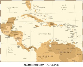 Central America Map - Vintage Detailed Vector Illustration