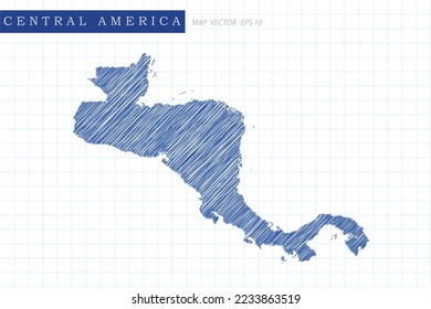 Central America Map - World Map International vector template with blue outline graphic and pen drawing sketch style isolated on white grid background for design, website - Vector illustration eps 10