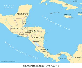 Central America Political Map with capitals, national borders, rivers and lakes. Vector illustration with English labeling and scaling.